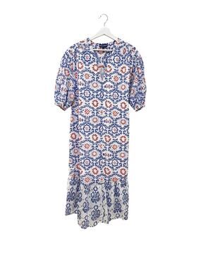 Ro's Garden Dress Womens Medium Blue Red Floral Cotton Ruffle Shift Boho Midi